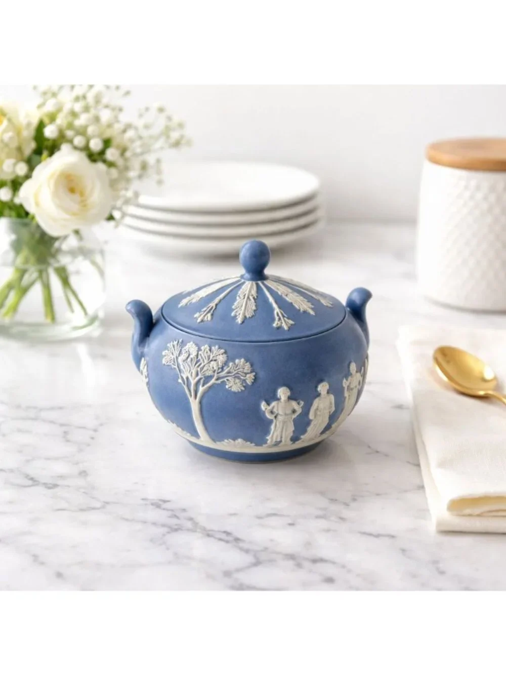 Wedgwood Blue Jasperware Covered Sugar Bowl Classic English Pottery Decor Vtg